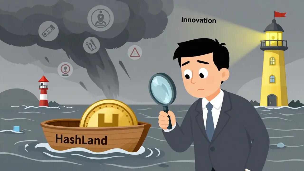 A cautious cartoon investor analyzing the risks and rewards of the volatile HashLand crypto market.