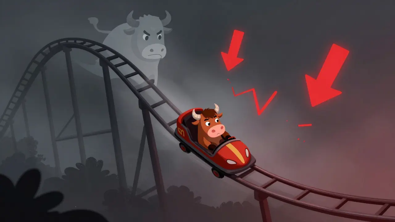 Cartoon bull on a plummeting rollercoaster symbolizing price drop