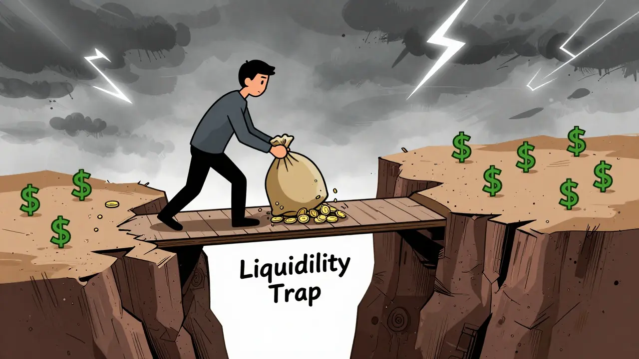 Cartoon character stuck on a crumbling bridge, illustrating the difficulty of selling tokens.