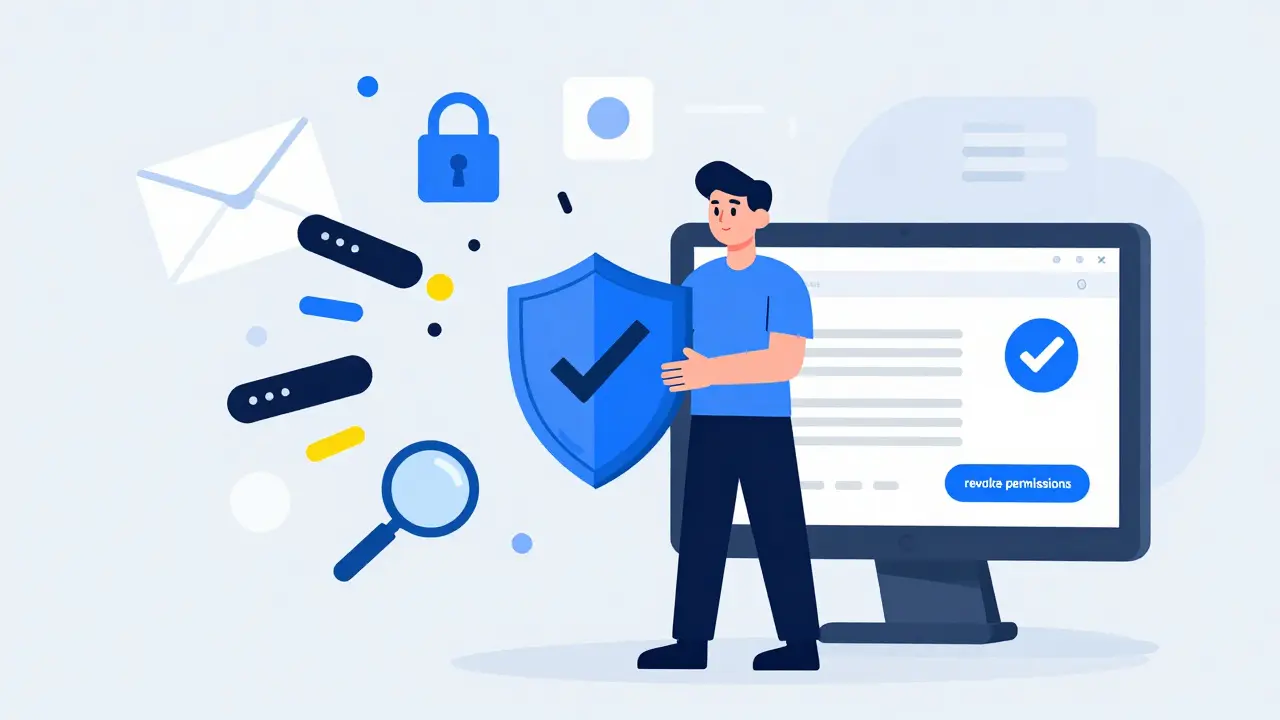 Cartoon character using a shield to block phishing scams and verify a secure website.