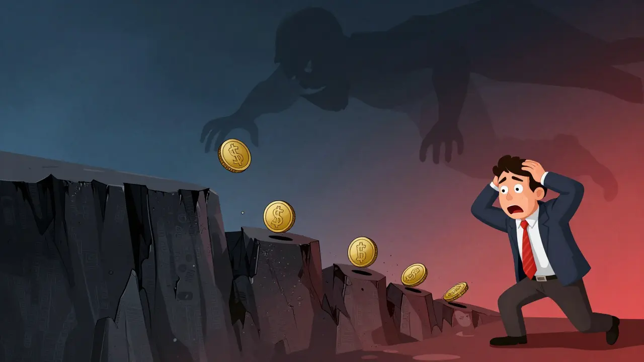 Cartoon coin falling off a cliff, symbolizing sharp price drop and investment risk.