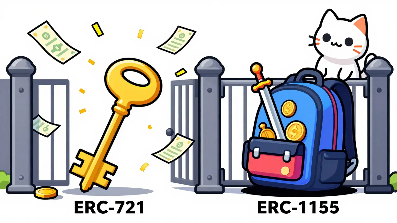 Cartoon comparison of inefficient ERC-721 vs efficient ERC-1155 token transfers.