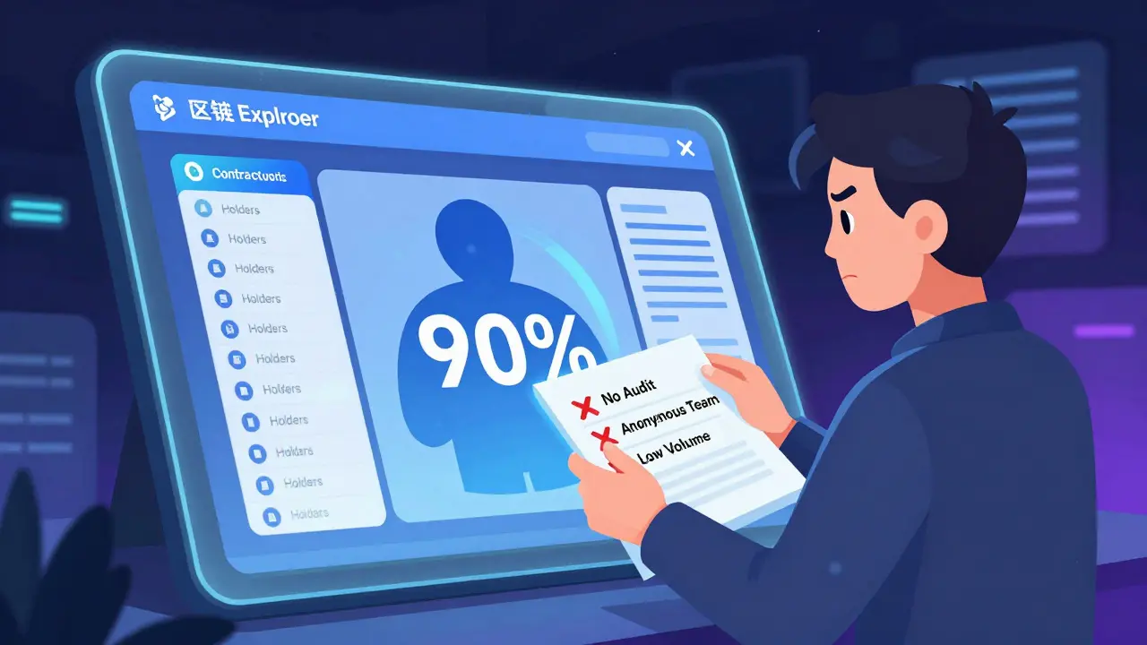 Cartoon detective analyzing blockchain data revealing centralized token ownership risks