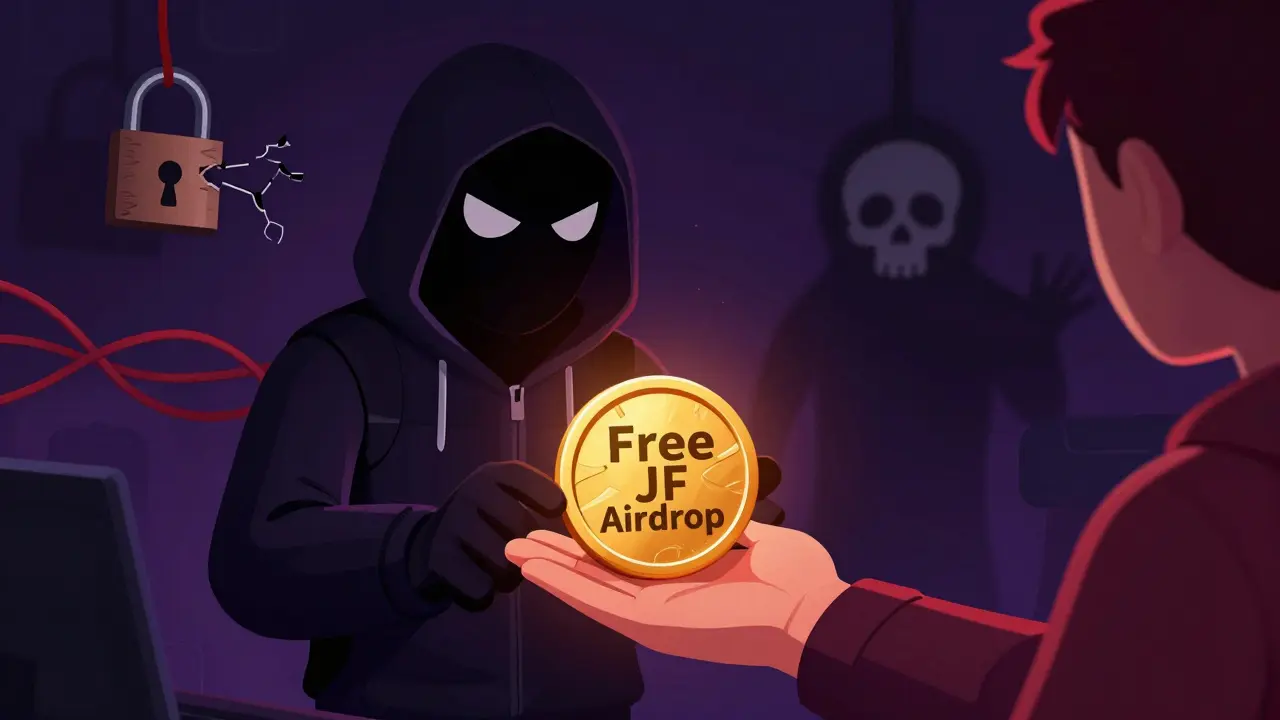 Cartoon hacker offering a fake free JF airdrop coin to an unsuspecting victim.