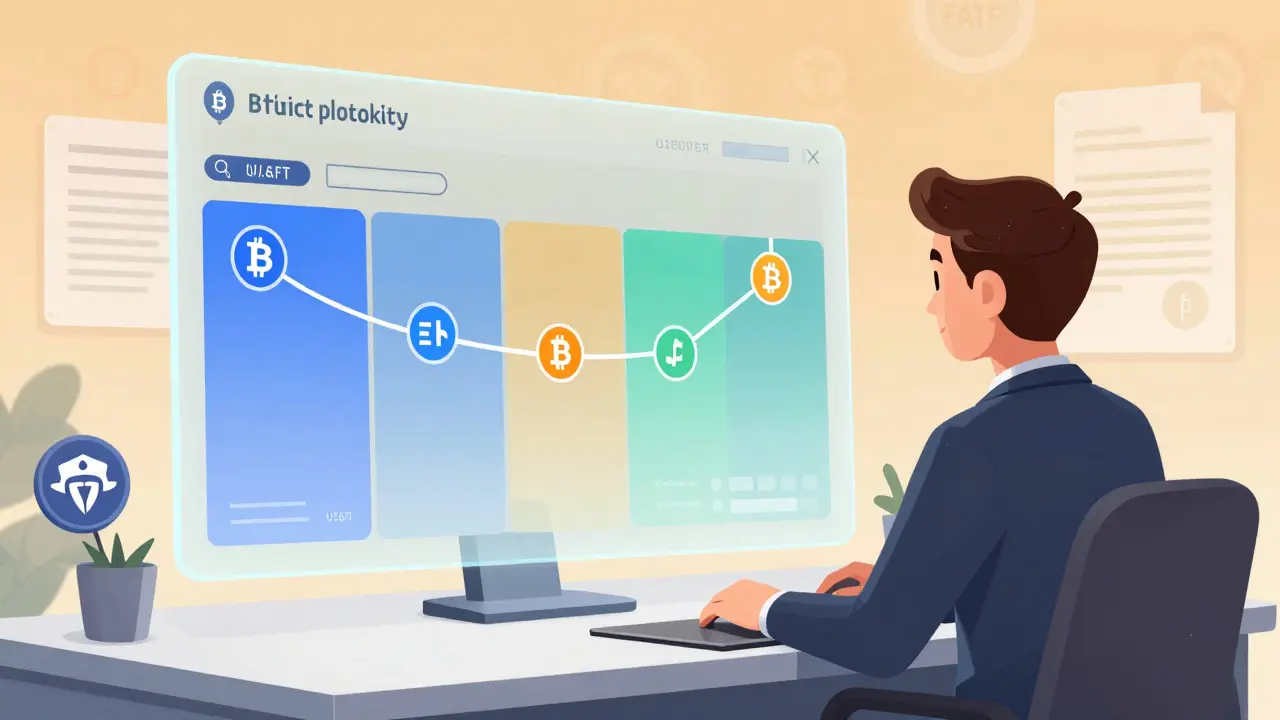 Cartoon professional viewing unified dashboard tracking funds seamlessly across multiple blockchains