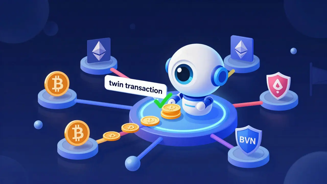 Cartoon robot eye analyzing cross-chain crypto transactions and linking twin events