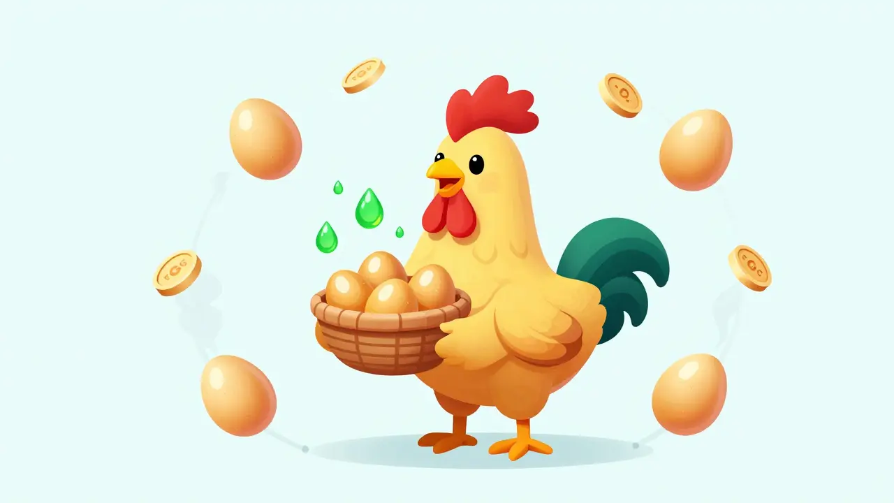 Cartoon rooster feeding eggs to produce fertilizer tokens that burn away in a circular economy loop.