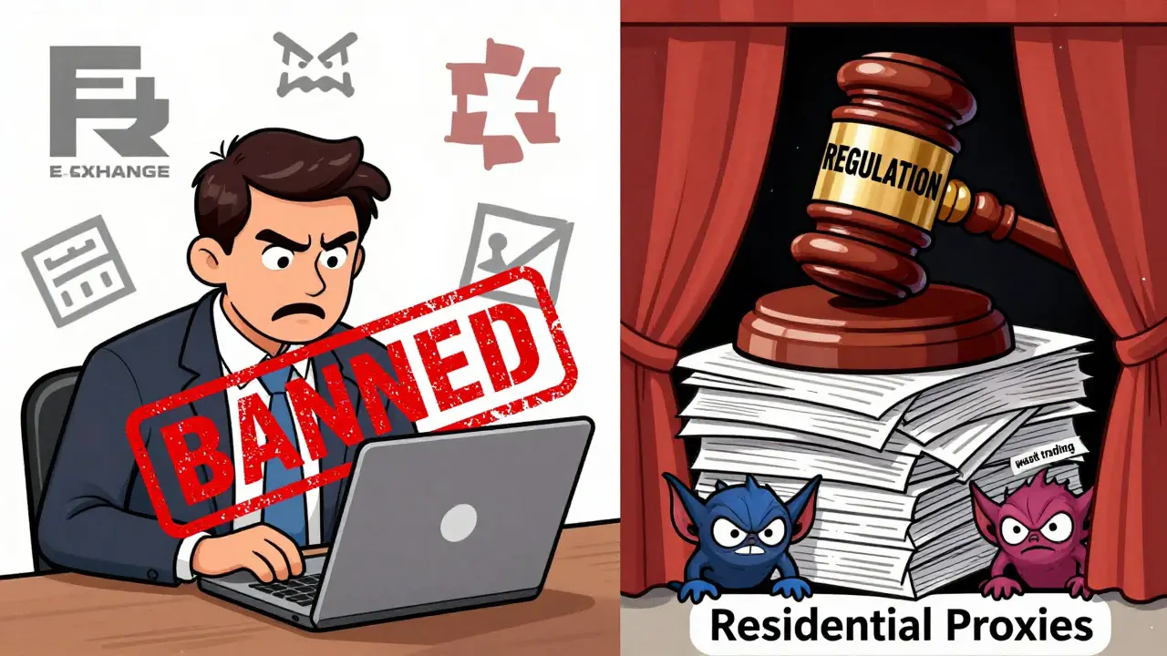 Cartoon showing account bans and regulation risks for proxy users.