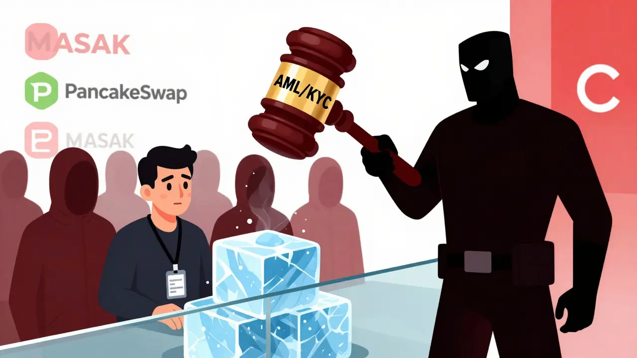 Cartoon showing regulators freezing anonymous crypto accounts and enforcing KYC rules.