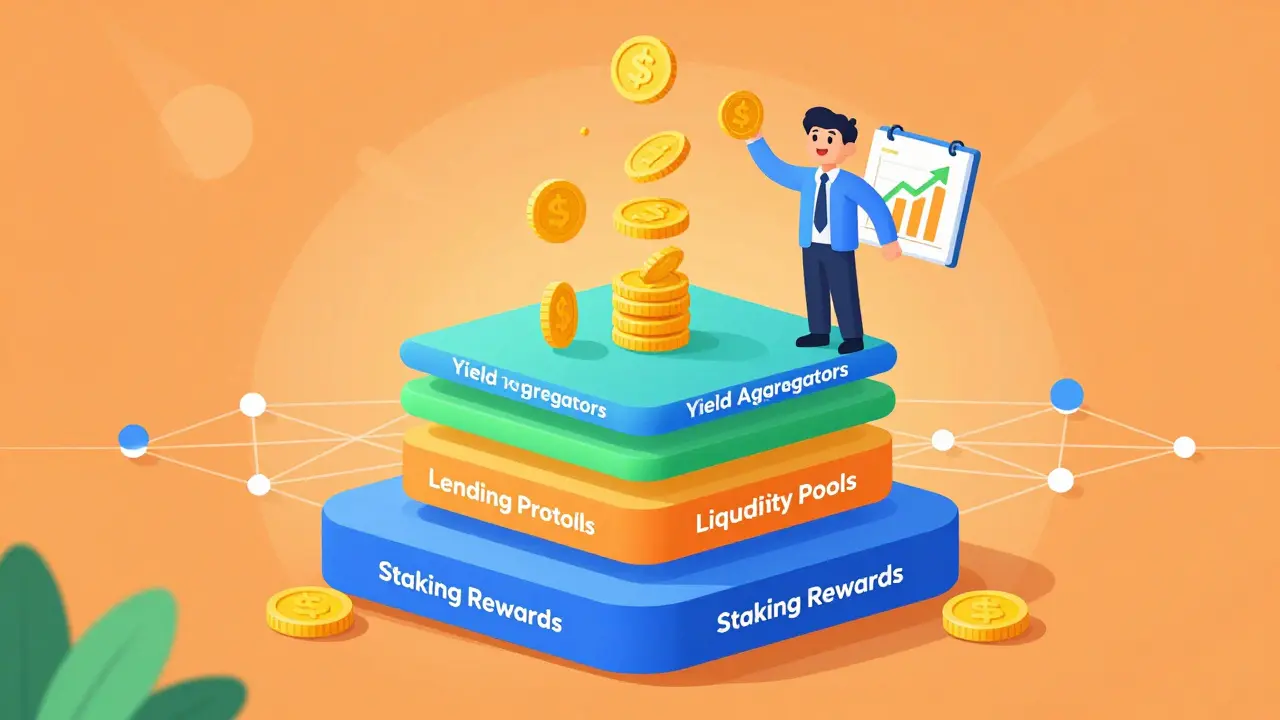 Cartoon stack of DeFi layers showing compounded yield growth.