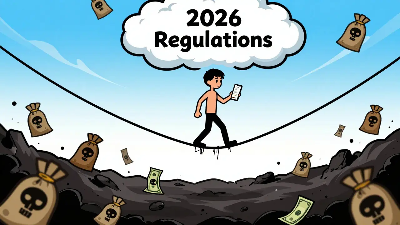Cartoon tightrope walker without a net symbolizing high-risk crypto trading
