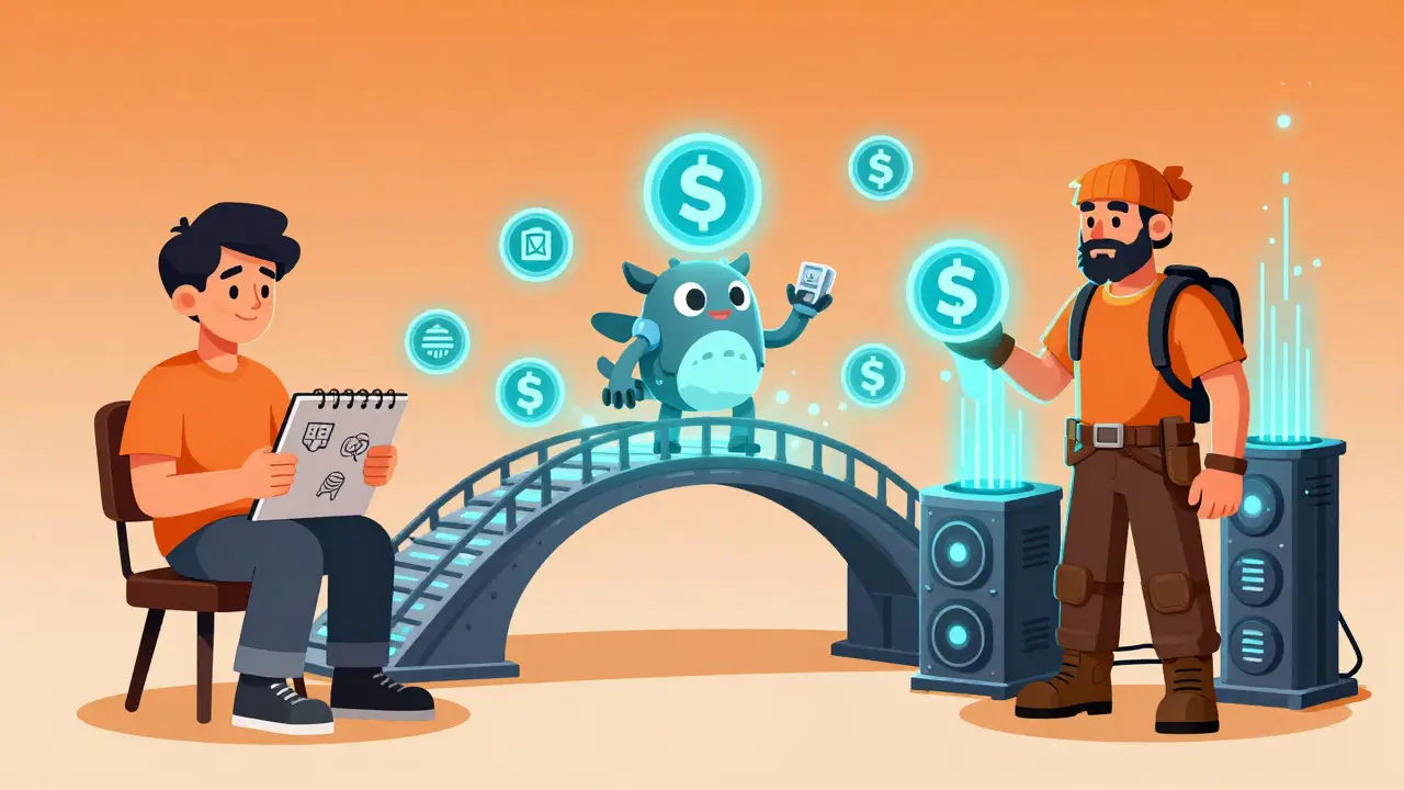 Cartoon visualization of Synthetic NFTs bridging creative IP and mining hash rate assets.