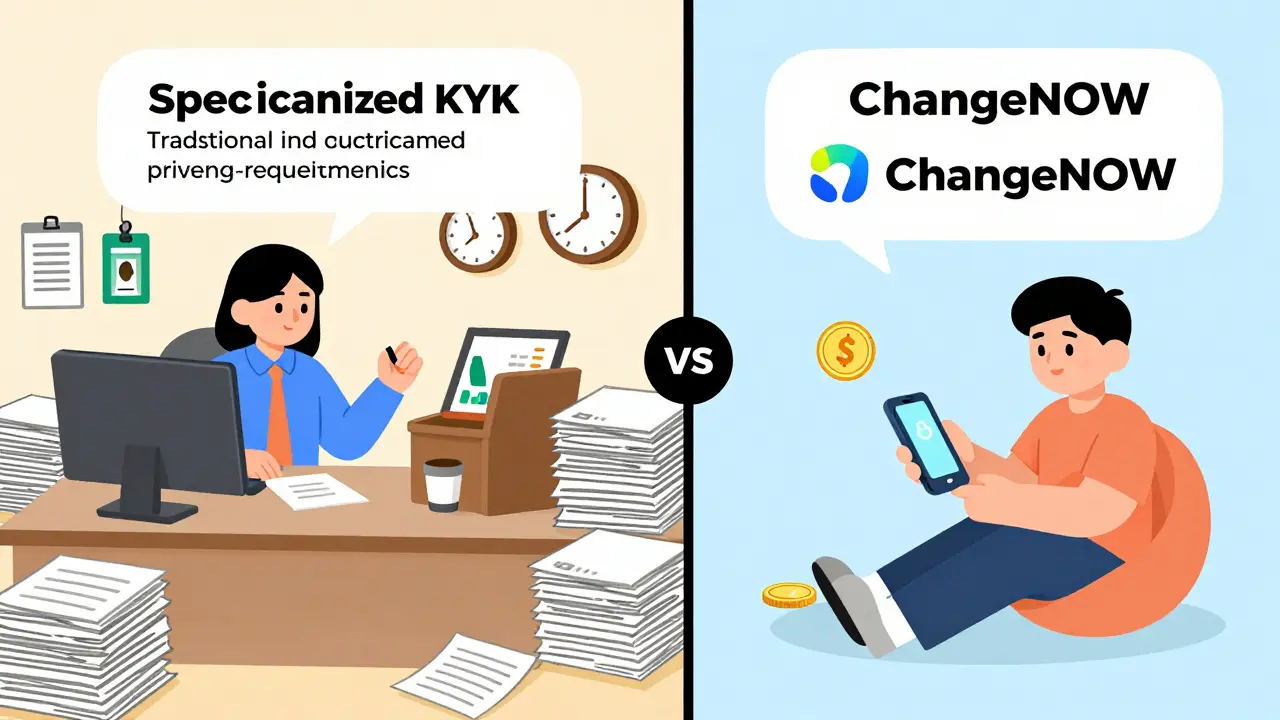 Comparison cartoon: bureaucratic exchange vs instant private swap