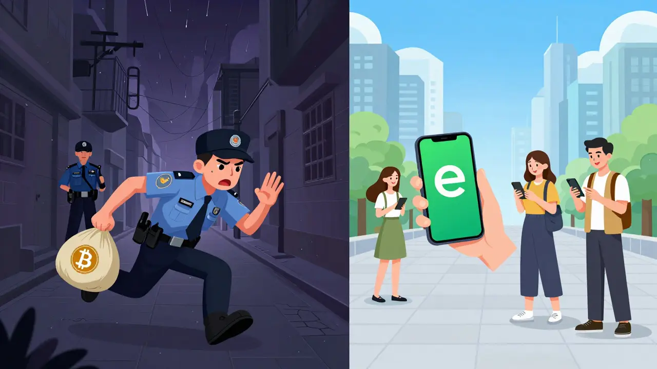 Contrast between illegal crypto risk and legal e-CNY