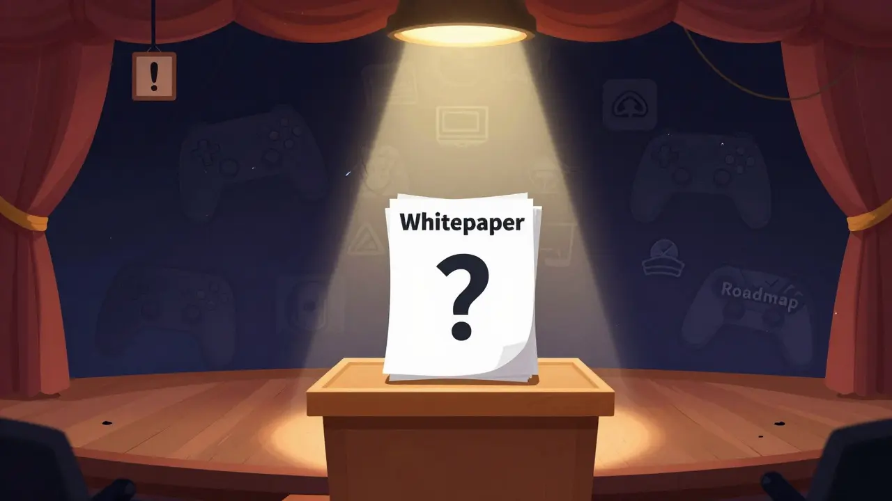 Empty stage with blank whitepapers and broken game icons, showing unfulfilled project promises.