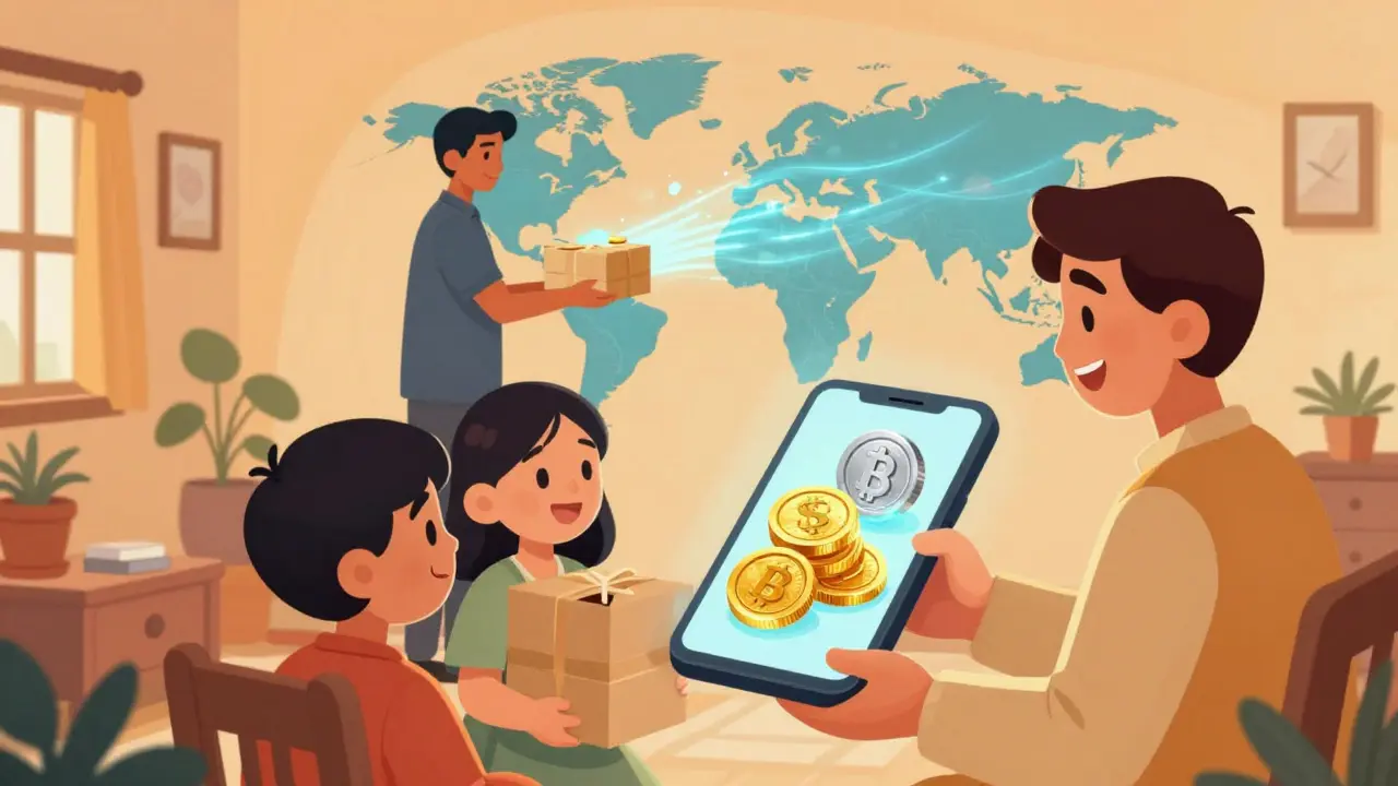 Family receiving digital remittances on a phone, illustrating stablecoin utility in cartoon art.