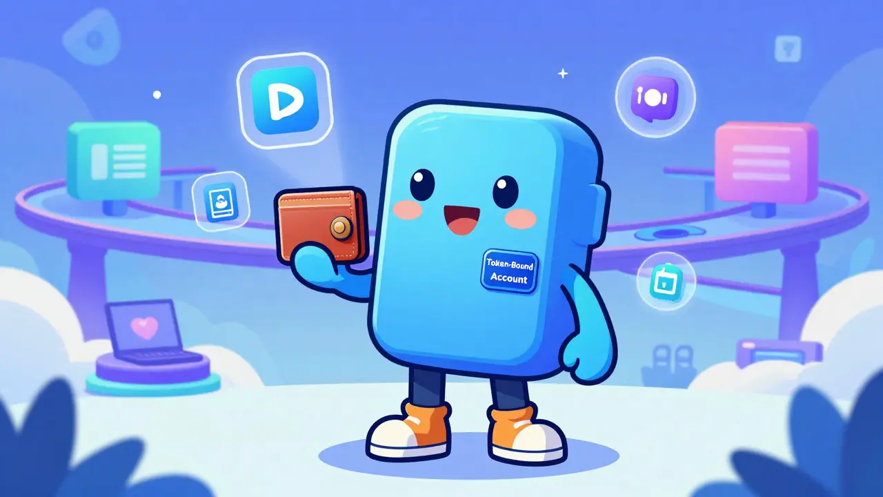 Futuristic cartoon of an autonomous NFT managing its own digital assets.