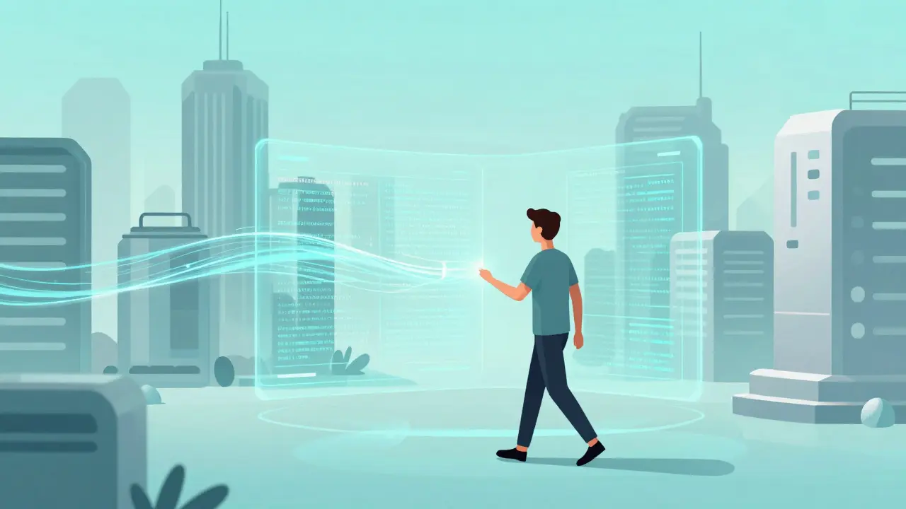 Futuristic cartoon showing seamless digital ownership integrated into daily life
