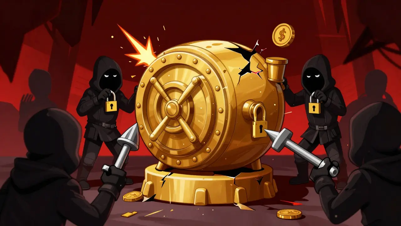 Hackers attacking a fragile vault representing old bridges