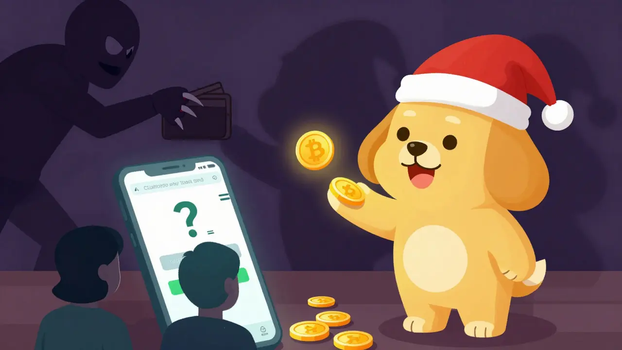 Illustration of a smiling dog giving coins while its shadow steals wallets in the background.