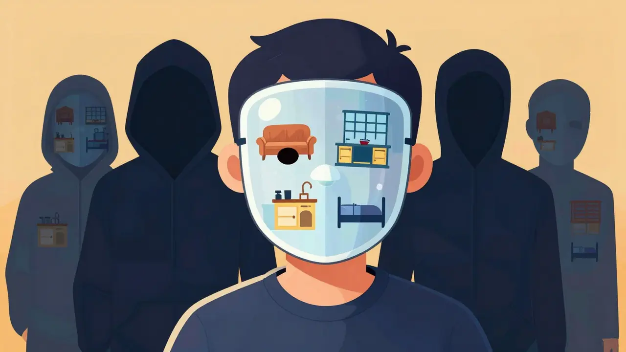 Illustration of a trader hidden behind a mask of home icons for privacy.