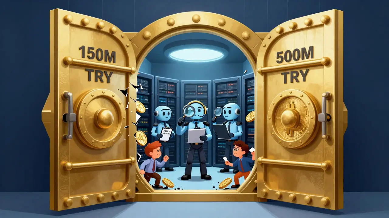Illustration of massive capital requirements blocking small startups from crypto exchanges.