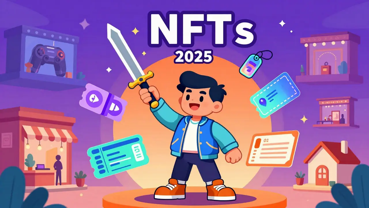 Illustration of NFT uses in gaming, fashion, tickets, and real estate