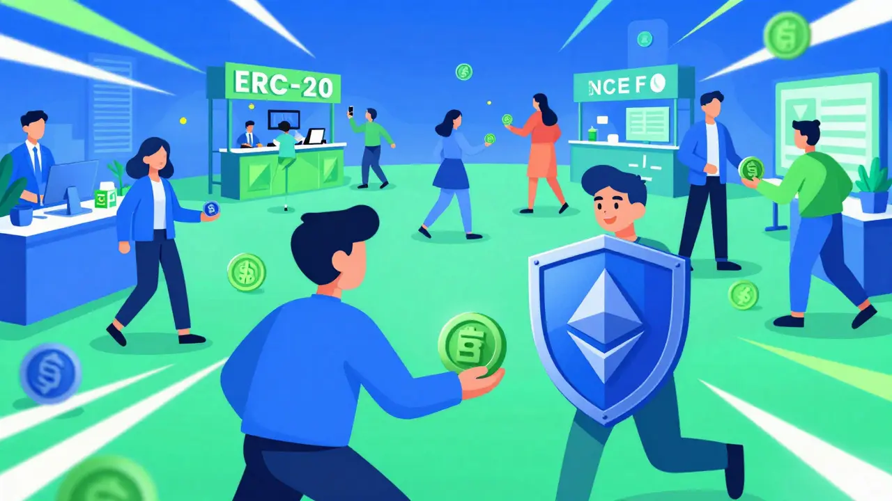 Illustration of people trading tokens in a secure DeFi marketplace.
