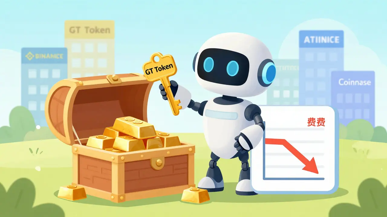 Illustration showing fee discounts unlocked by holding GT tokens.