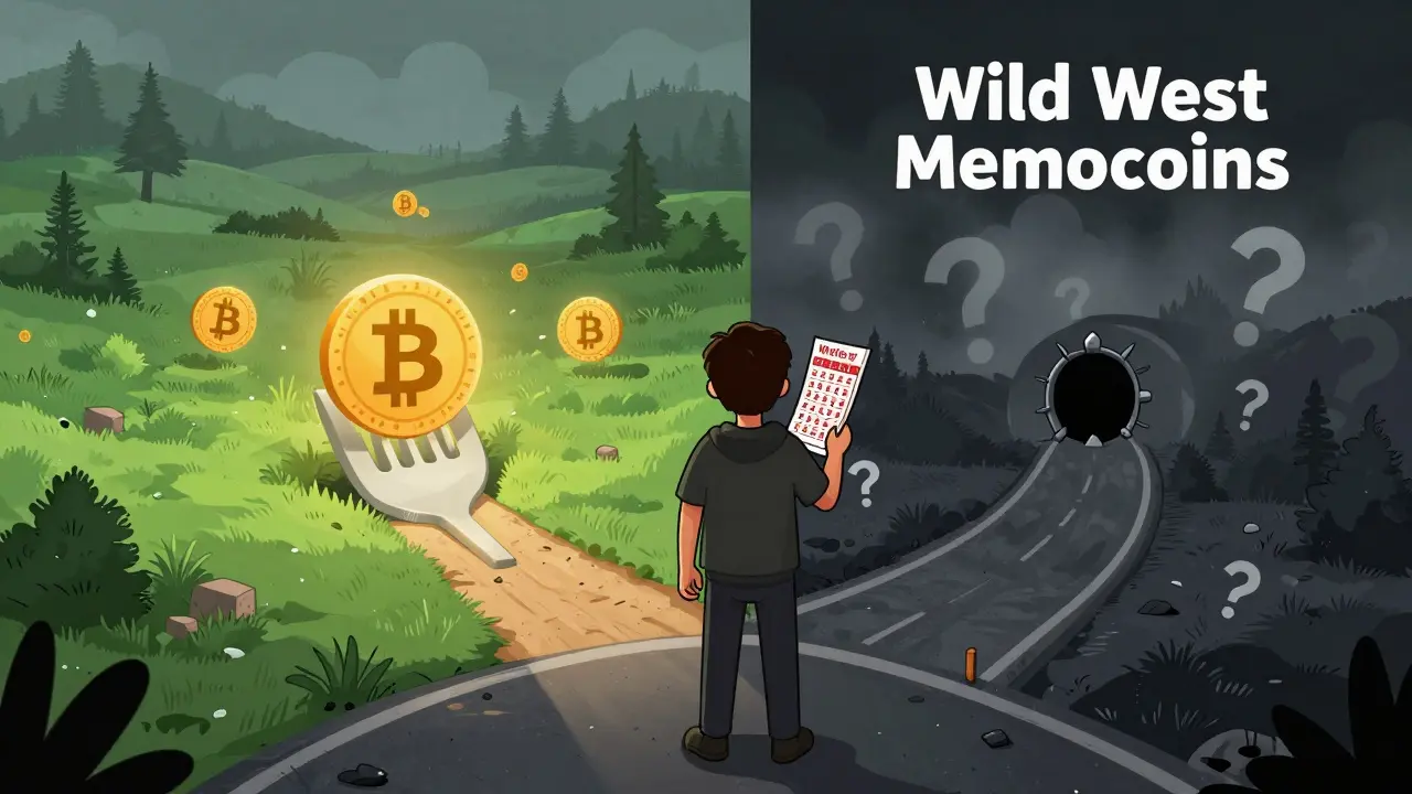 Investor choosing between safe crypto path and risky memecoin wilderness