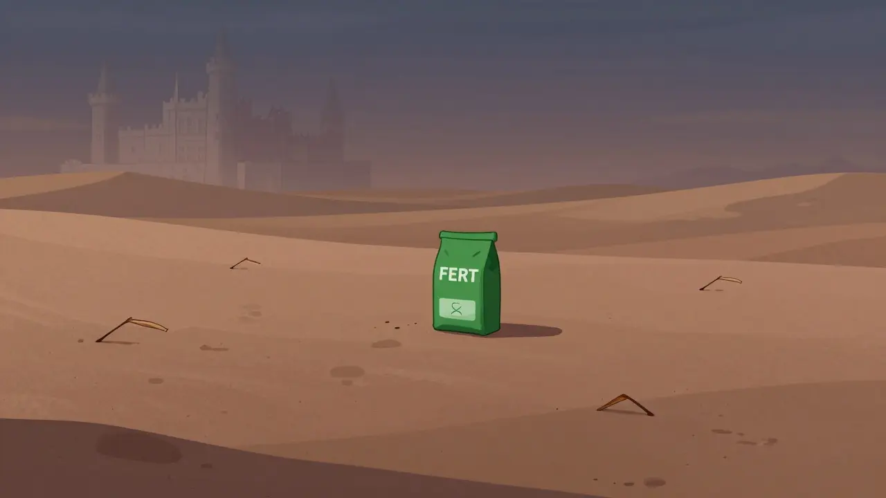 Lonely fertilizer bag on a barren desert landscape symbolizing the token's low market value and isolation.