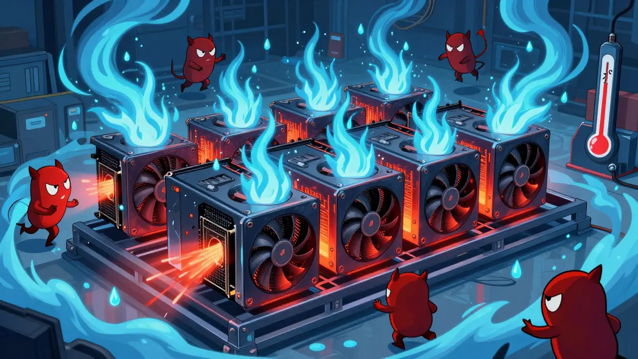 Mining rig overheating with devil characters and cooling fans