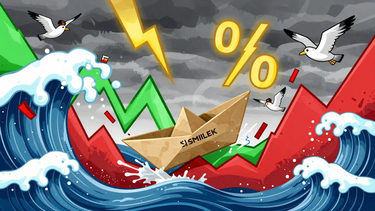 Paper boat tossed on volatile stock chart waves, illustrating high risk and price swings.