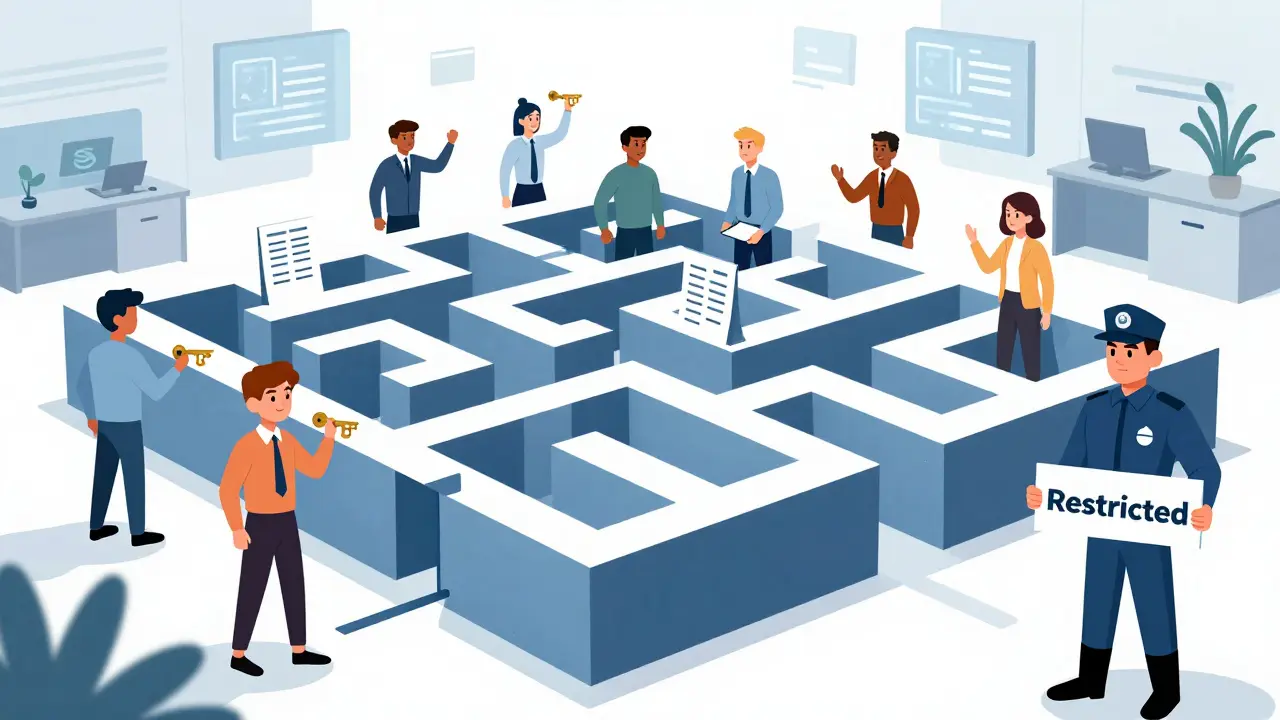 Professionals navigating licensing maze in cartoon style