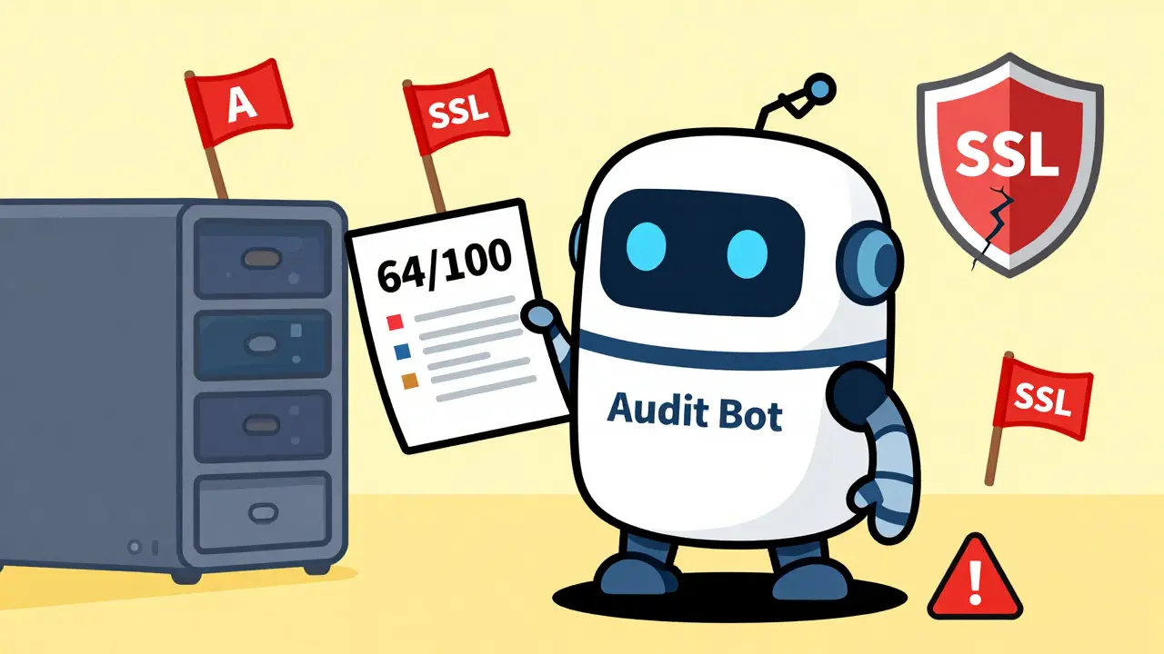 Robot auditor showing a 64/100 security score with warning flags