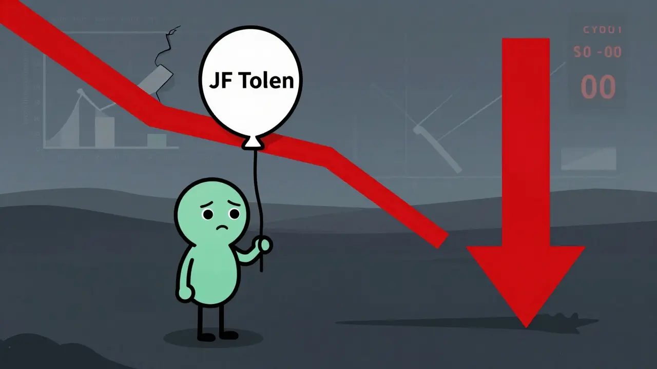Sad cartoon character holding a deflated JF token balloon in a barren, gray landscape.