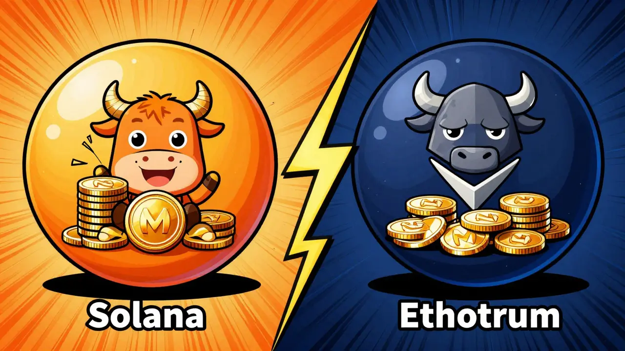 Split illustration comparing Solana and Ethereum versions of Mumu token