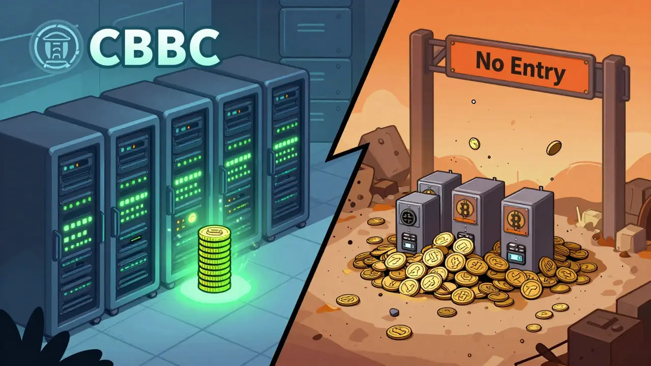 Split view of approved CBDC vs banned private crypto