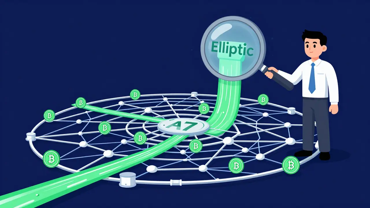 Analytics magnifying glass tracks A7 crypto network flows