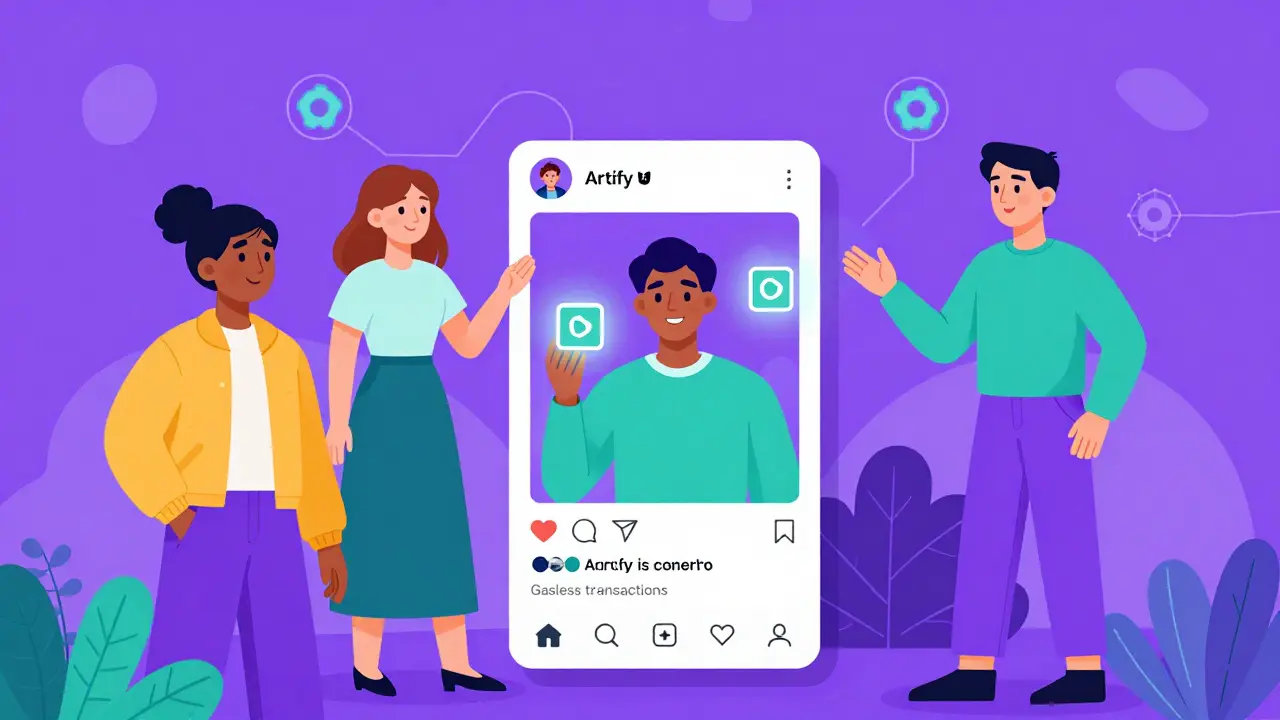 Animated characters sharing NFT art on a social platform