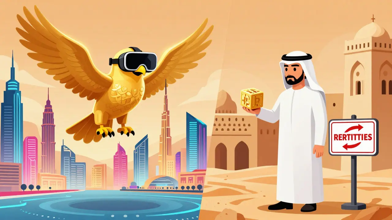 Cartoon comparing UAE and Saudi Arabia crypto approaches
