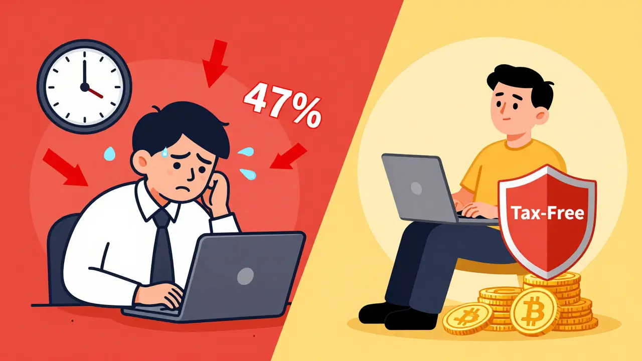 Cartoon comparison of stressed short-term trader vs calm long-term holder