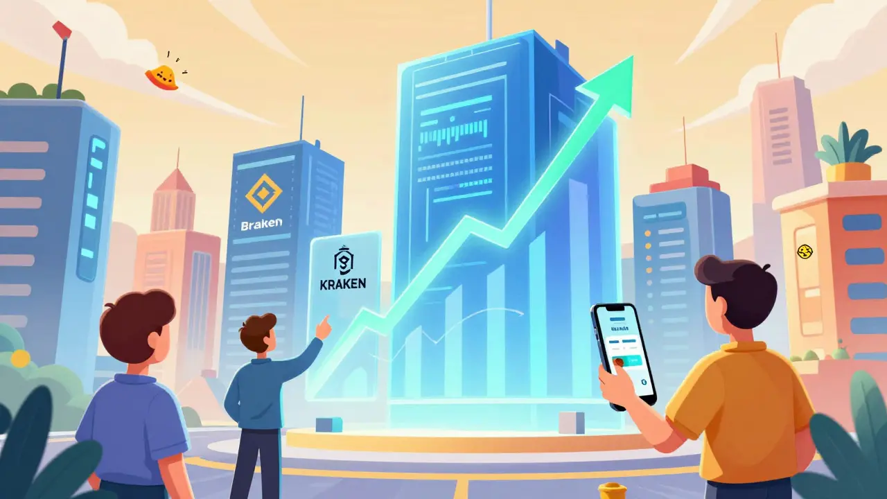 Cartoon futuristic city with crypto trading and AI elements