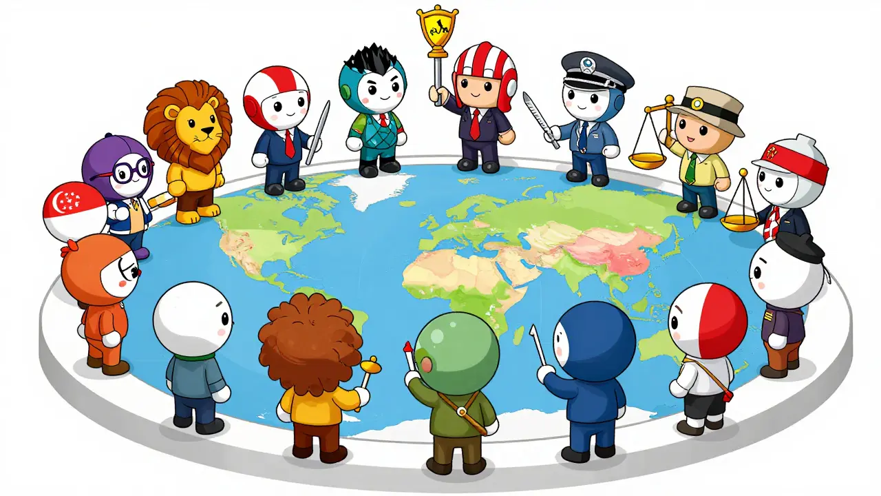 Cartoon of small nations collaborating on global crypto rules