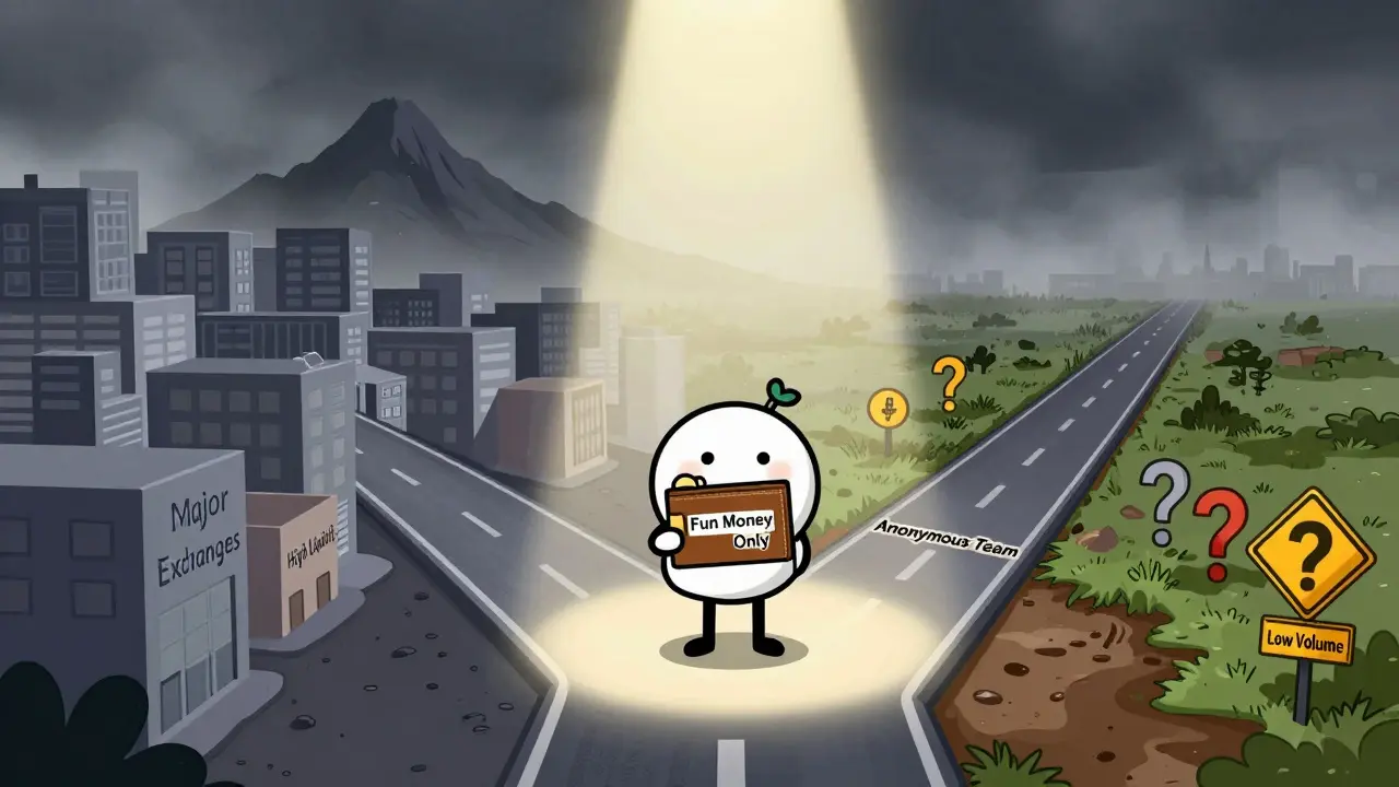 Cartoon showing a trader choosing between a safe path and a risky crypto path.