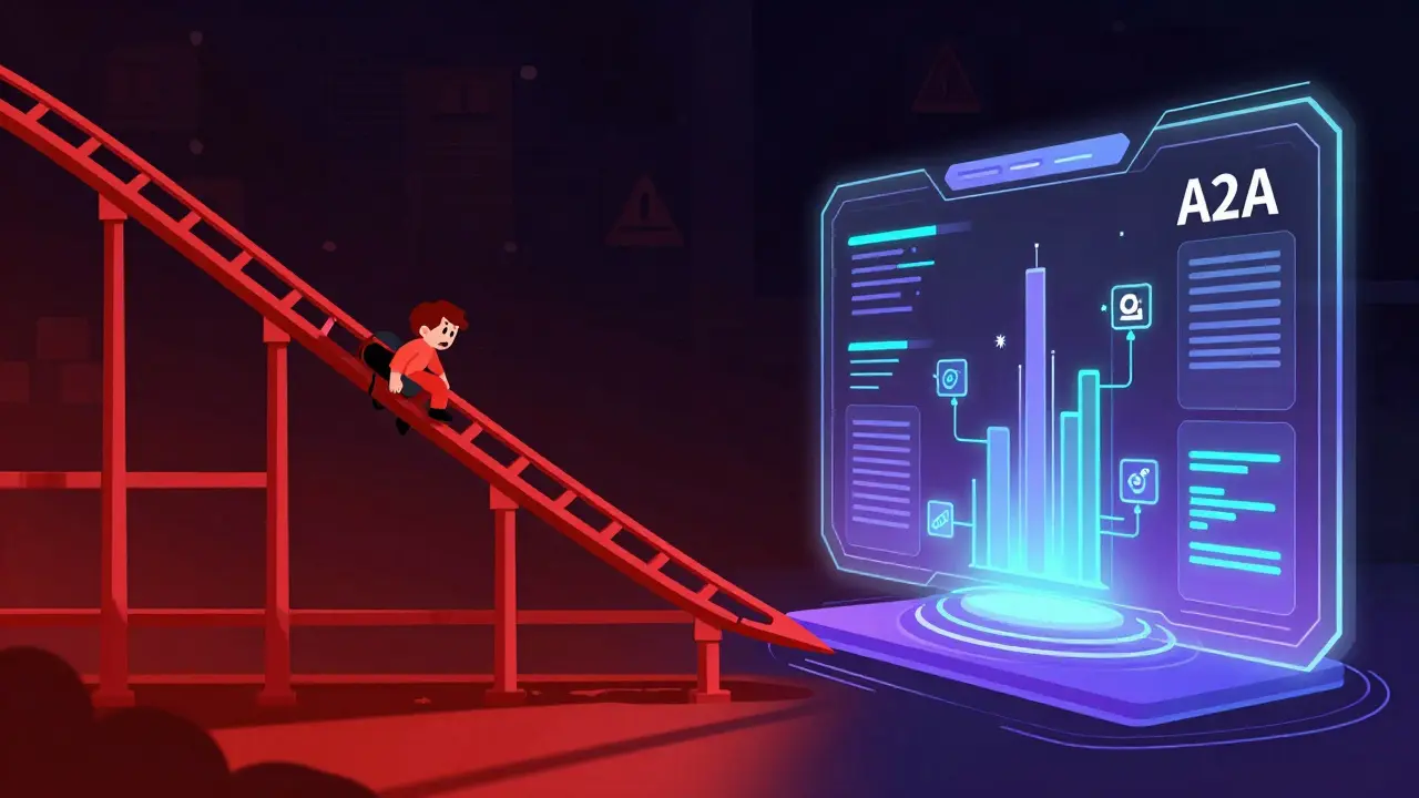 Cartoon showing crypto volatility risks vs AI future potential