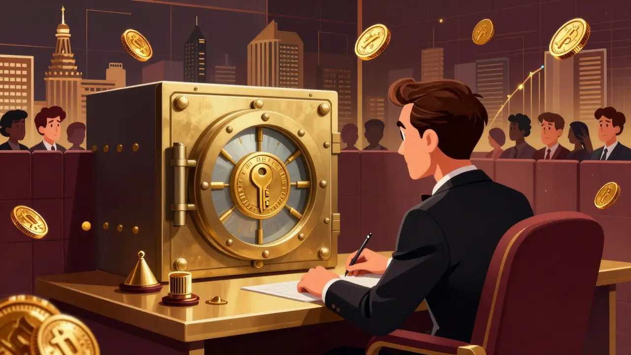 Cartoon showing wealthy investors accessing crypto markets while common people are blocked out.