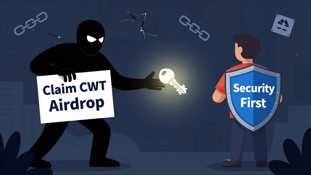 Cartoon warning against phishing scams stealing crypto seed phrases