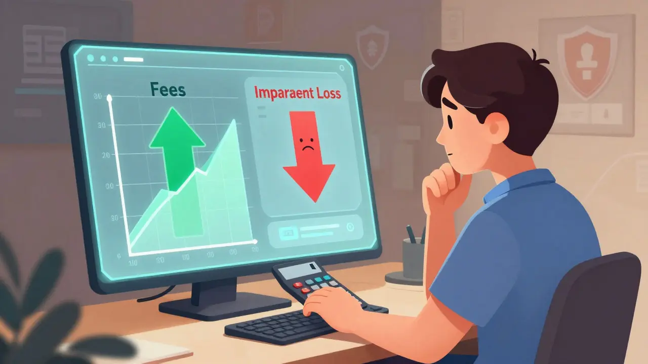 Character analyzing fees vs impermanent loss on holographic screen