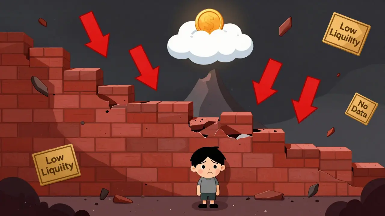 Character looking at crashing price graph with warning signs